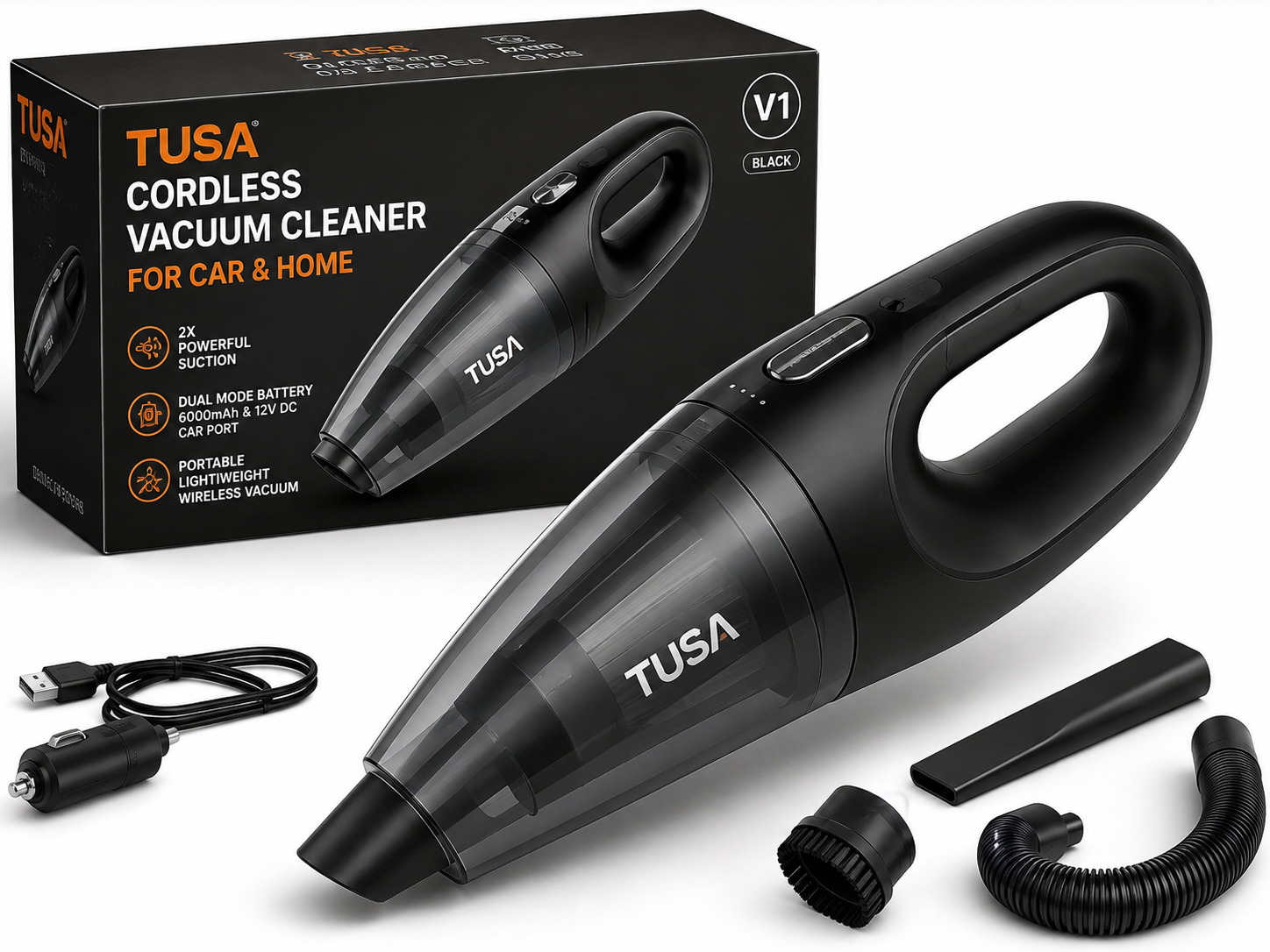 TUSA Cordless Vacuum Cleaner for Car & Home – 2X Powerful Suction, 6000mAh Rechargeable Battery, 12V DC Car Port, Lightweight Wireless Portable Handheld Vacuum Cleaner (V1, Black)